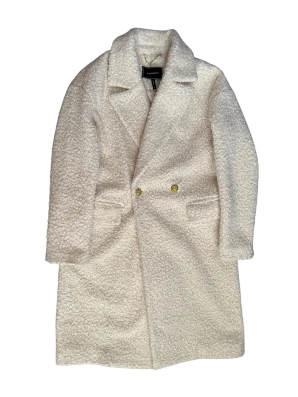 BCBG Max Azria Women’s Cream Lurex Double Breasted Midi Coat Size Small Bouclé